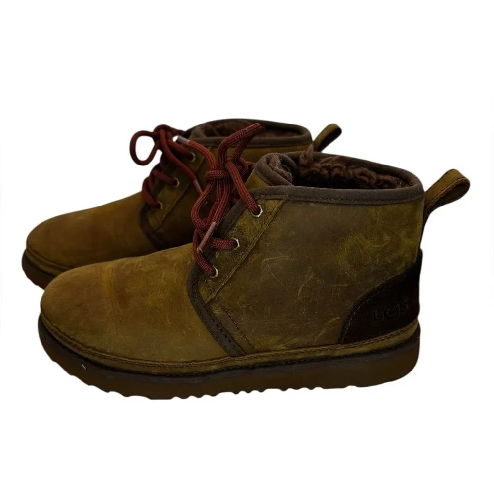 UGG Neumel Leather Boots Youth US 4 Brown Shearling Lined Lace Up